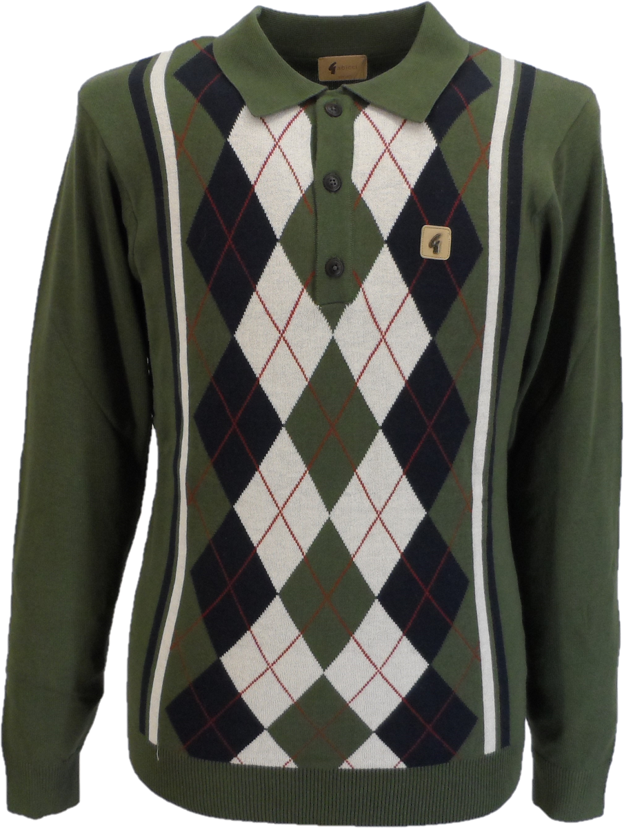 Gabicci Vintage Mens Argyle Olivio Green Knitted Polo