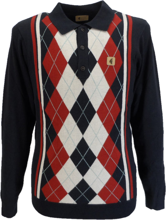 Polo Gabicci Vintage da uomo in maglia argyle blu scuro/rosso