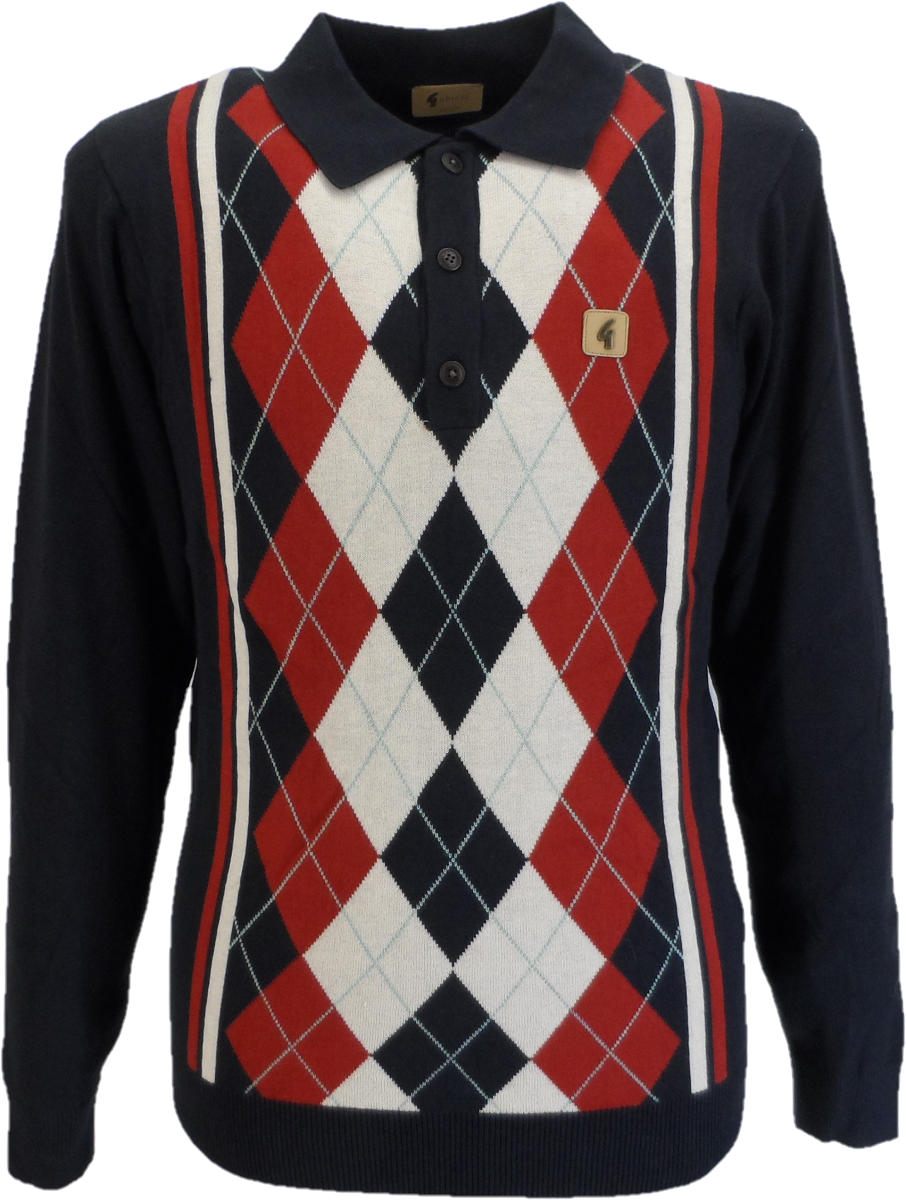 Gabicci Vintage Mens Argyle Navy/Rosso Knitted Polo