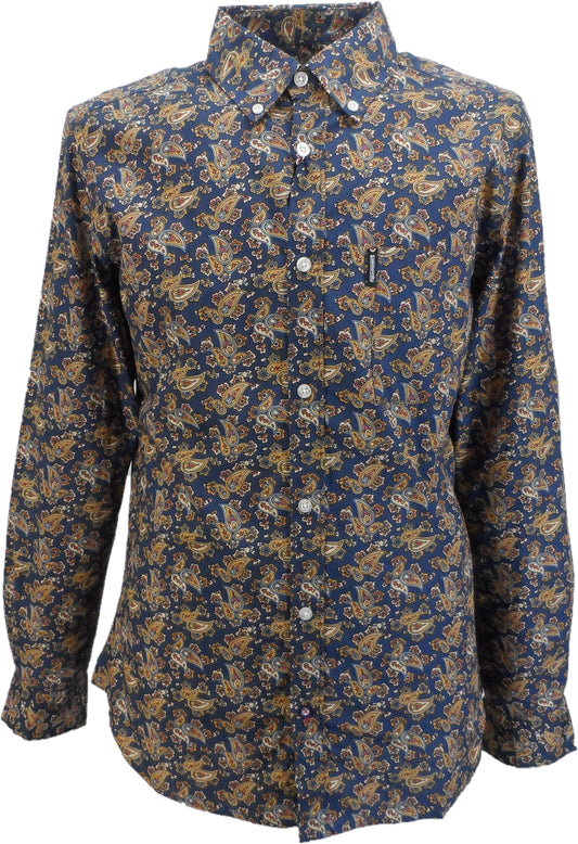 Lambretta camisa retro con botones y estampado paisley azul/mostaza para hombre