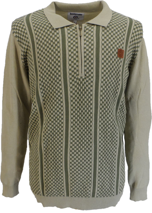 Lambretta Mens Stone/Green Check Zip Knitted Polo Shirt