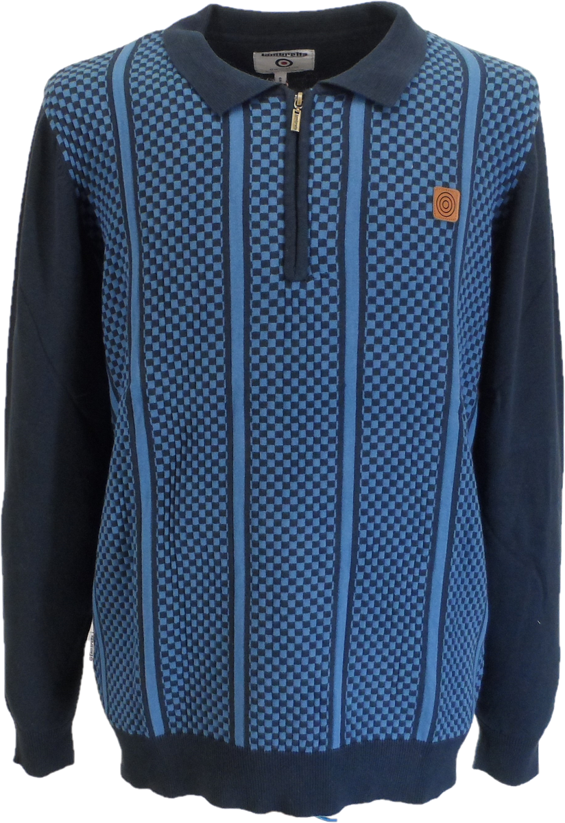 Lambretta Mens Navy Blue Check Zip Knitted Polo Shirt