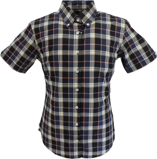 Relco Ladies Retro Black/Blue Check Button Down Short Sleeved Shirts