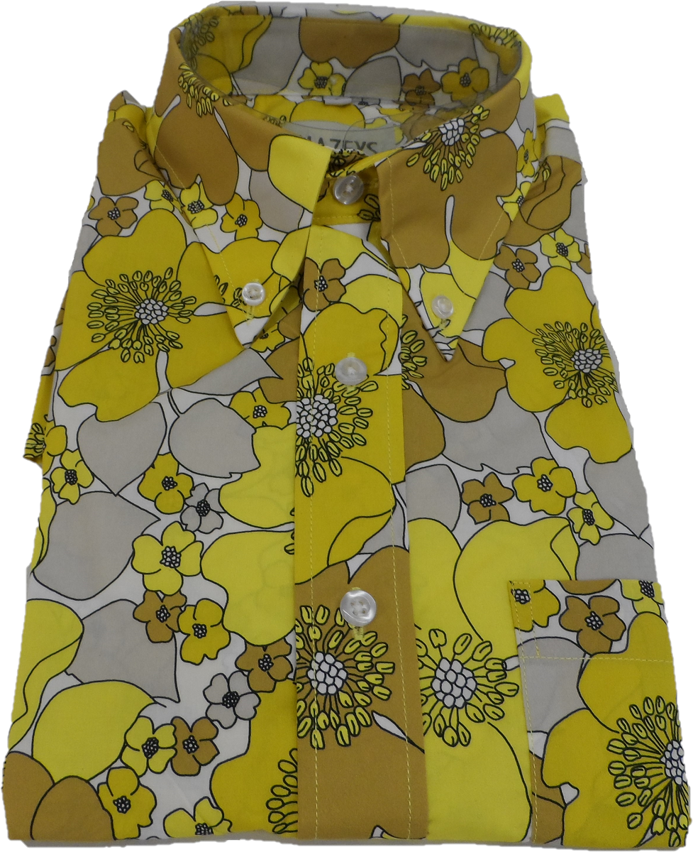 Mens 70s Mellow Yellow Retro Psychedelic Floral Shirt