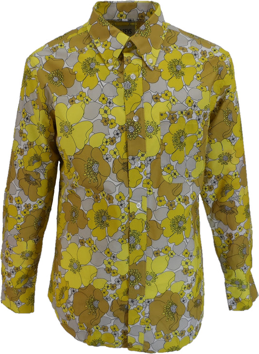 Camisa floral psicodélica retro amarilla suave de los años 70 para hombre