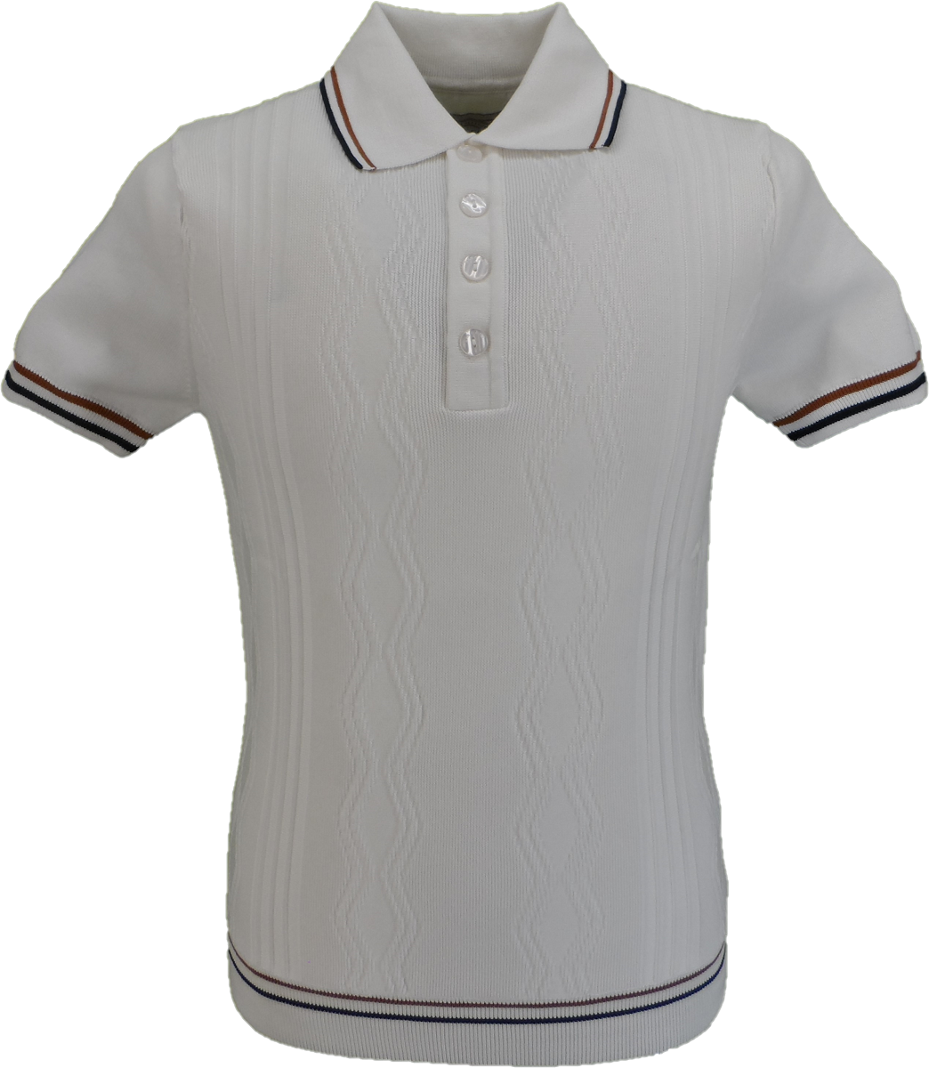 Ska & Soul Mens Ecru Knitted Pointelle Polo Shirt