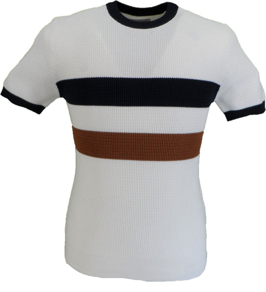 Ska & Soul Herren-Pullover-T-Shirt mit ecrufarbenem Streifen vorne und Waffelmuster