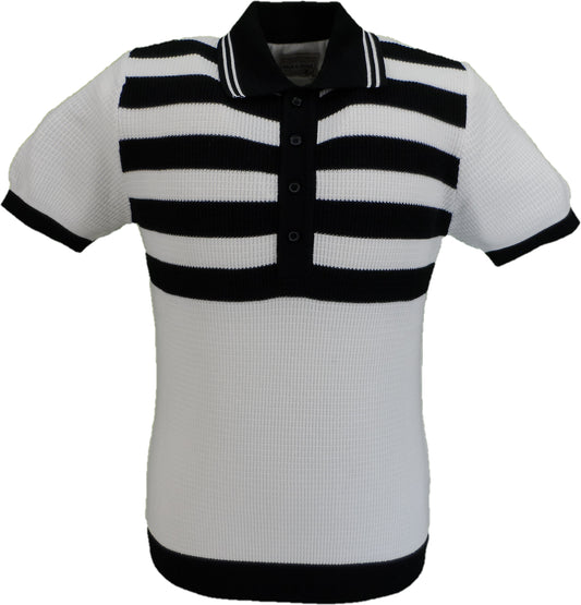 Ecru/schwarz gestreiftes Waffelstrick-Poloshirt für Herren Ska & Soul