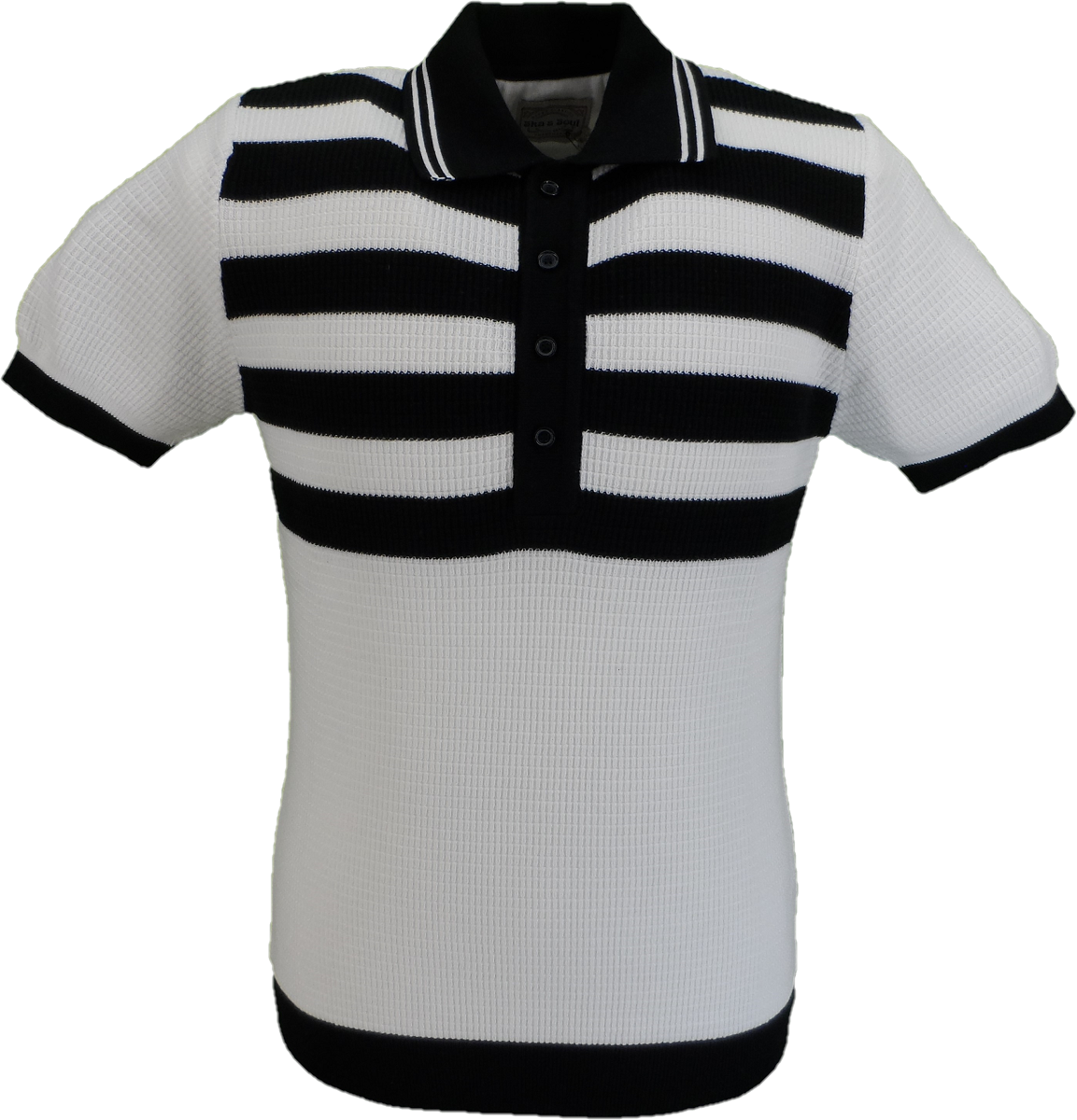 Ska & Soul Mens Ecru/Black Striped Waffle Knited Polo Shirt