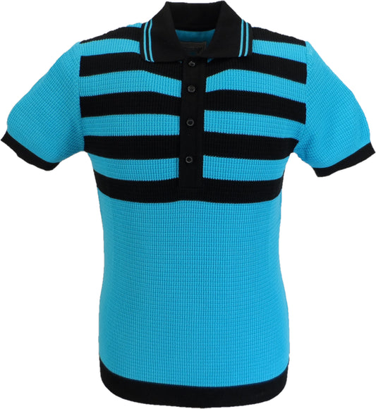 Ska & Soul Mens Turquoise Blue Striped Waffle Knited Polo Shirt