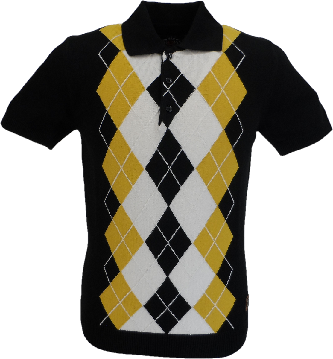 Schwarzes Feinstrick-Poloshirt mit Argyle-Muster Trojan Records