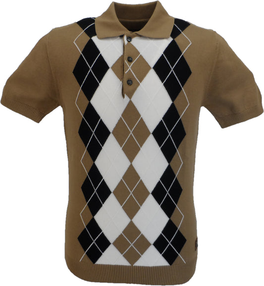 Trojan Records Kamelbraunes, fein gestricktes Argyle-Poloshirt