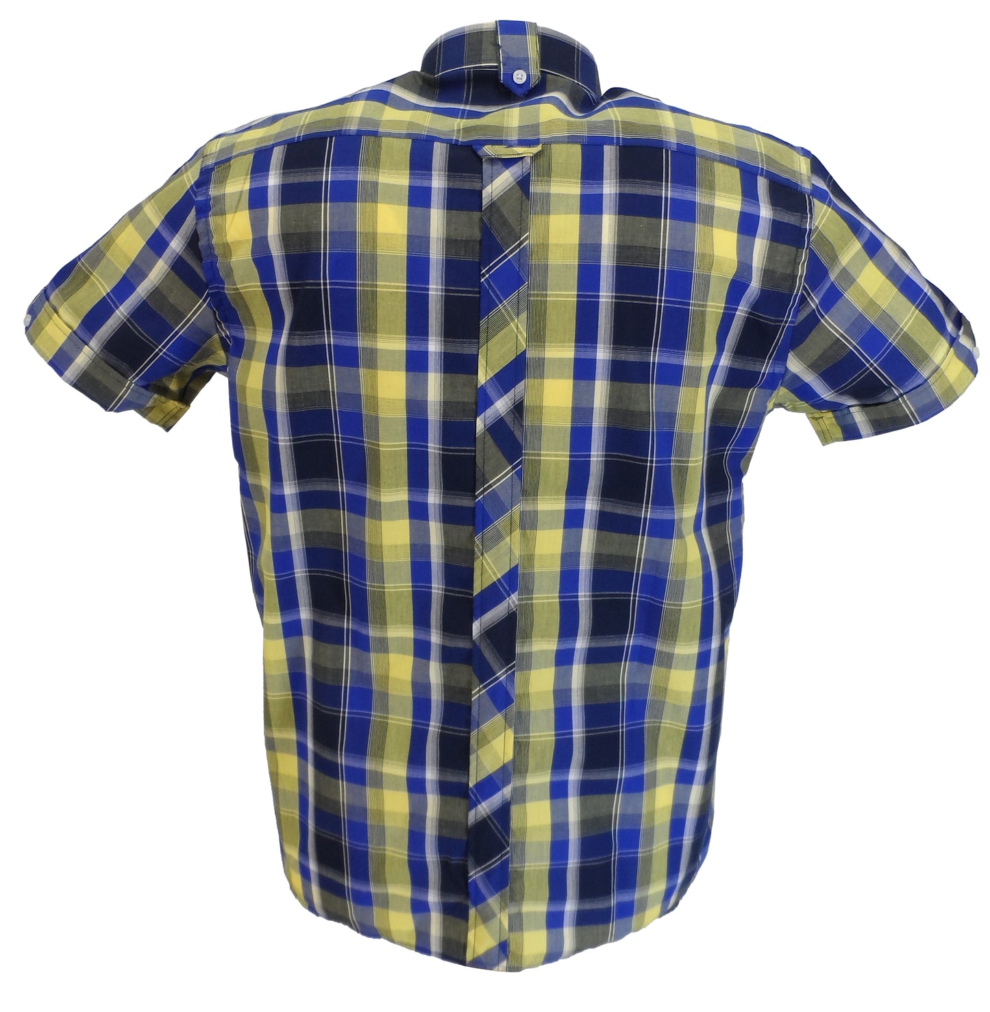Trojan Kobaltblau kariertes Herrenhemd aus 100 % Baumwolle mit kurzen Ärmeln und Einstecktuch
