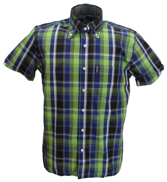 Trojan Camisas de manga corta y pañuelo de bolsillo 100% algodón a cuadros verde lima para hombre