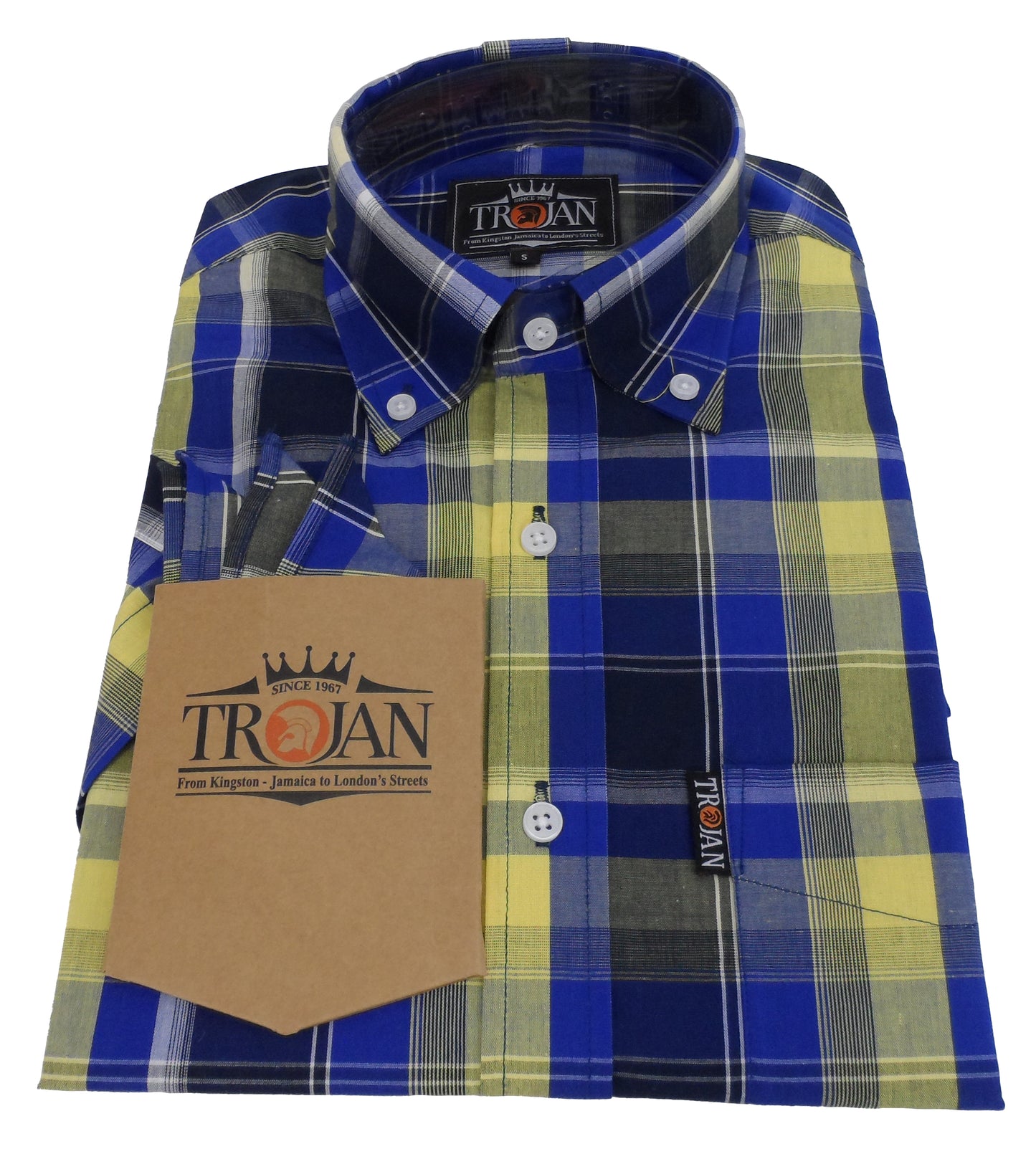 Trojan Kobaltblau kariertes Herrenhemd aus 100 % Baumwolle mit kurzen Ärmeln und Einstecktuch