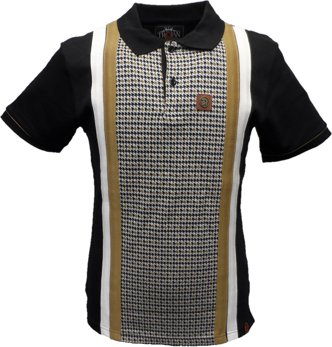 Trojan Records Herren-Poloshirt mit schwarzen Streifen und Hahnentrittmuster