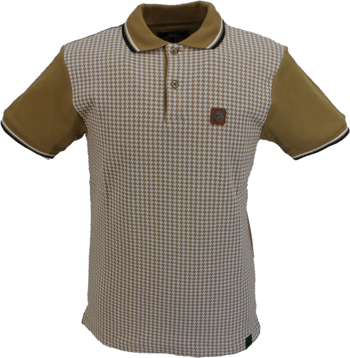 Trojan Records Camel Brown Jacquard Houndstooth Front Panel Polo Shirt