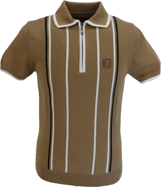Trojan Records Mens Camel Brown Stripe Zipped Knitted Polo Shirt