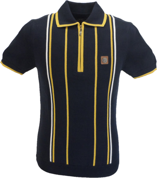 Polo da uomo in maglia con cerniera a righe blu navy Trojan Records