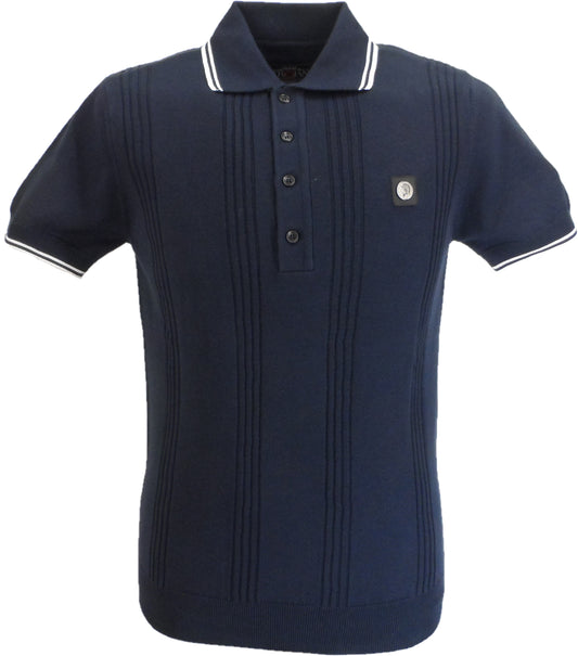 Trojan Records Mens Navy Blue Self Stripe Knitted Polo Shirt