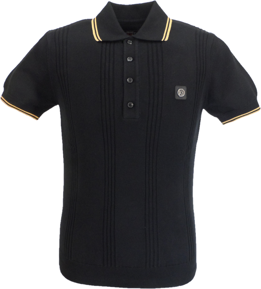 Trojan Records Herre Sort Selvstribet Strikket Poloshirt