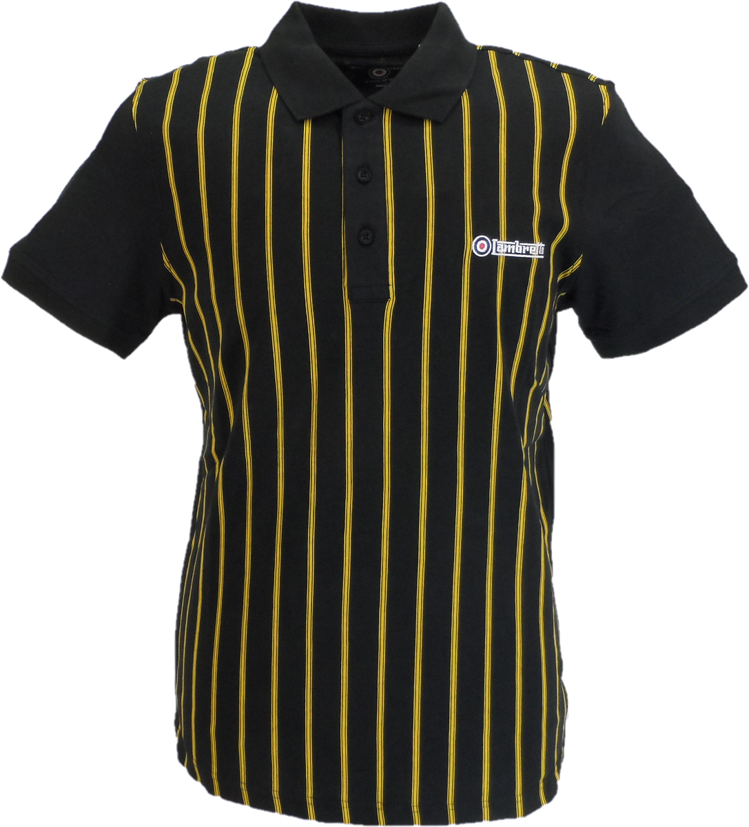Lambretta Mens Black/Gold Pinstripe Polo Shirts – Mazeys UK