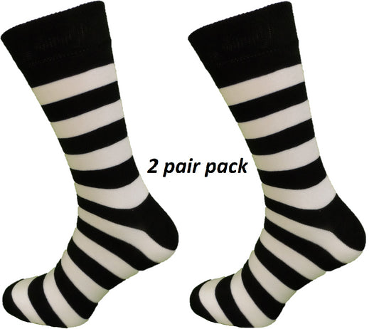 Mens 2 Pair Pack Black/White Striped Retro Socks