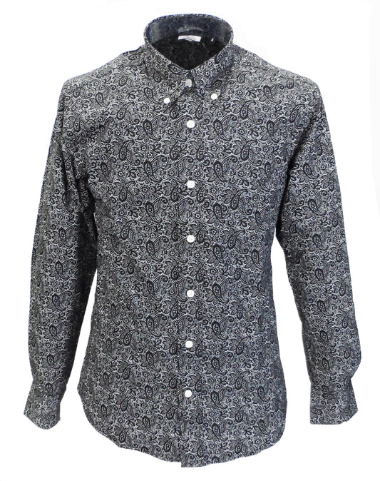 Camisas con botones mod retro de manga larga de algodón paisley negro Relco