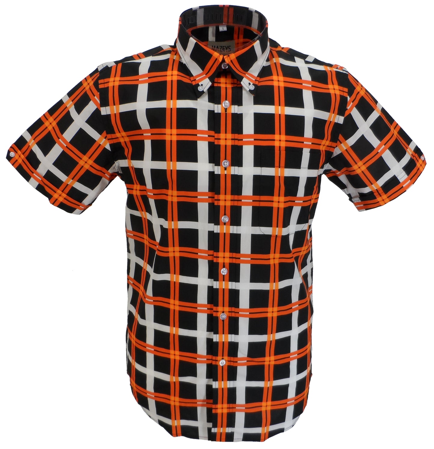 Mazeys Mens Black/Orange/White Checked 100% Cotton Short Sleeved Shirts