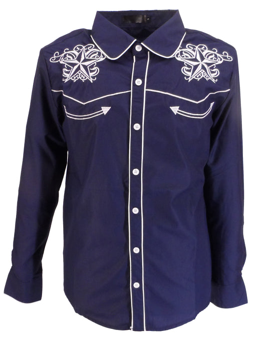 Mazeys Camisas Vintage/Retro Estilo Vaquero Estrella Occidental Azul Marino Para Hombre
