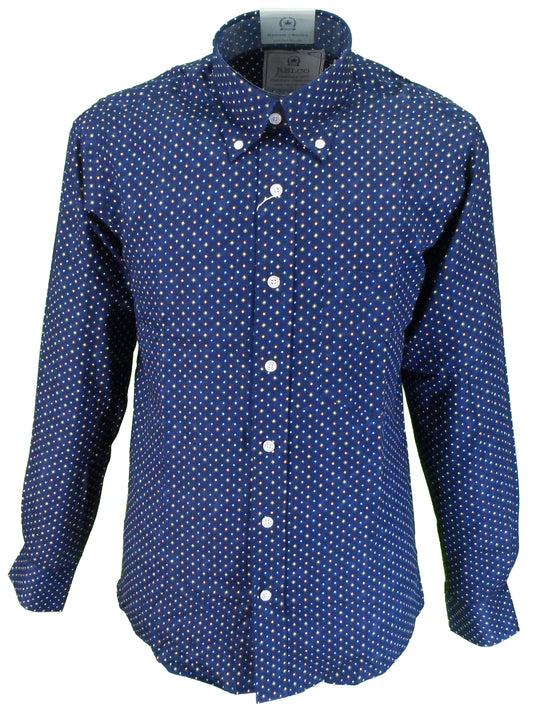 Camisas con botones mod retro de manga larga de algodón con diamantes azul marino platino Relco