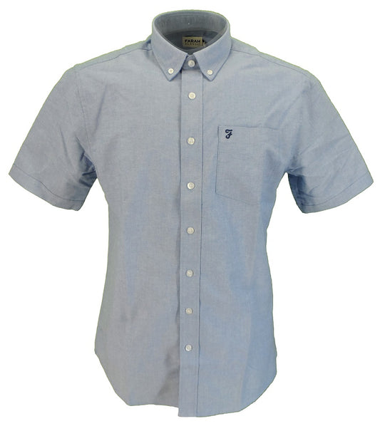 Camisas con botones mod retro de manga corta de algodón Oxford azul Farah lt