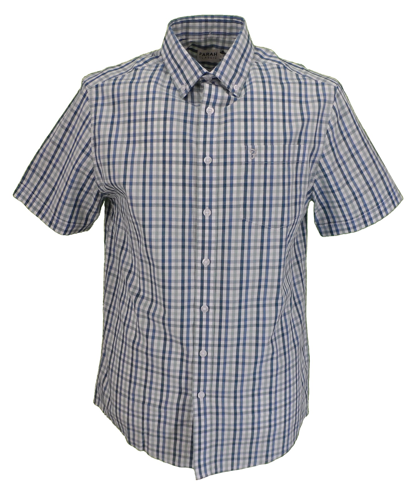 Farah Mens Blue Surf Gingham Check 100% Cotton Short Sleeved Shirt