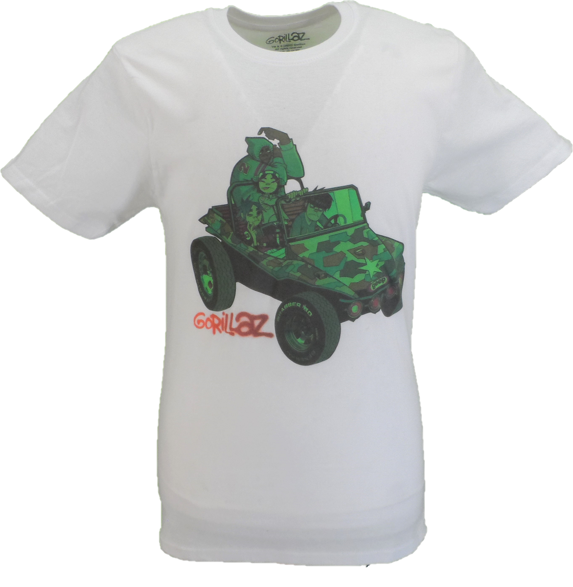 Mens White Official Gorillaz Green Jeep T Shirt