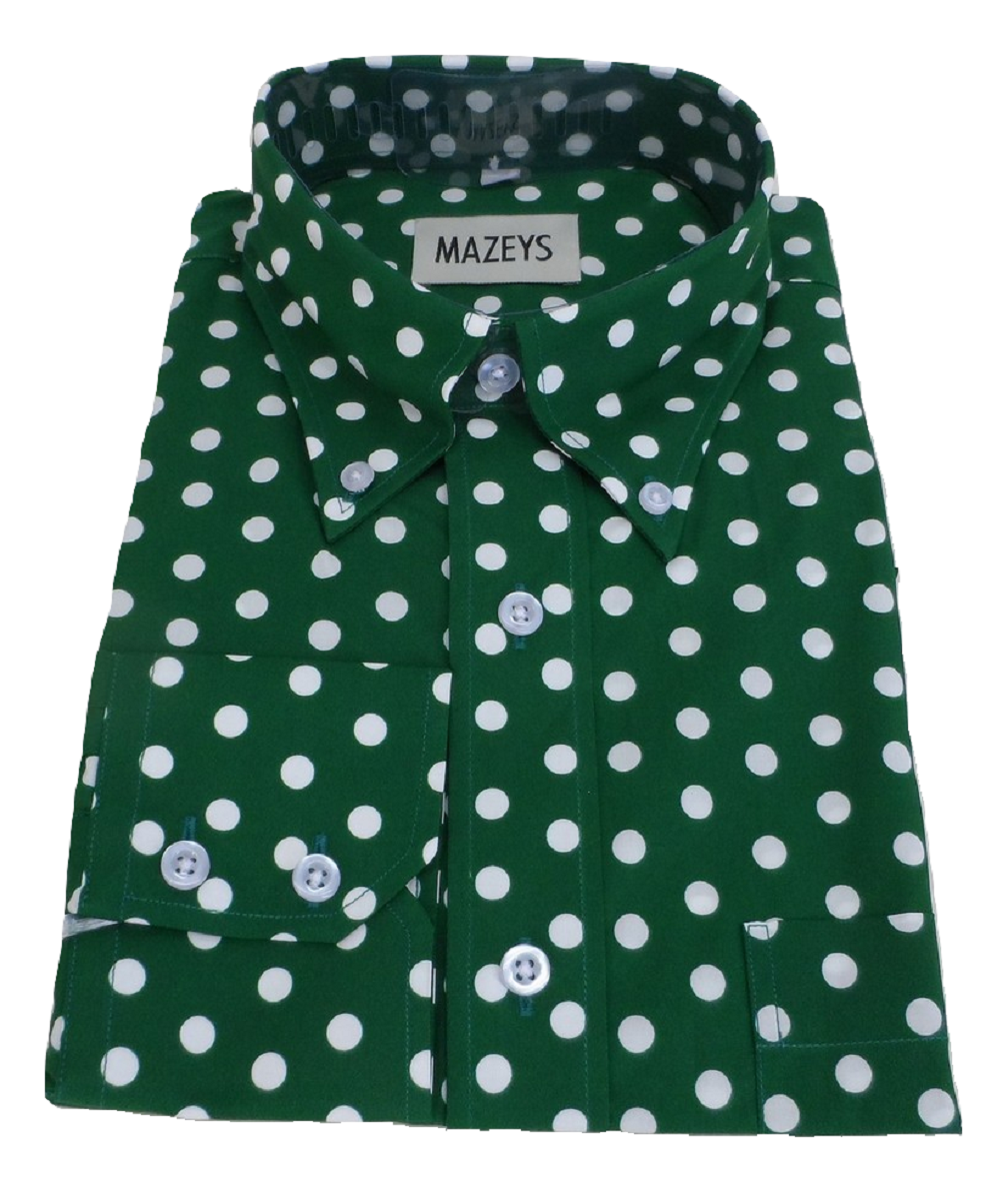 Mazeys Mens Green and White Retro Mod Polka Dot 100% Cotton Shirts…