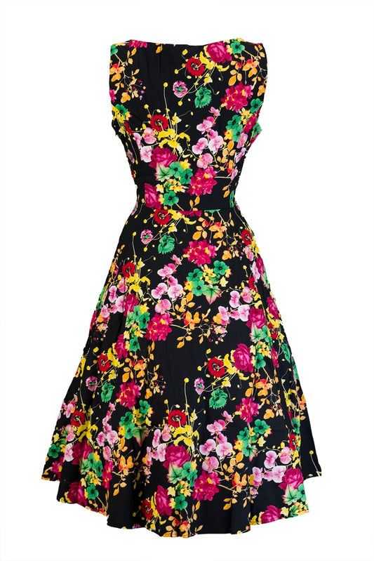 Hearts and Roses Black Vivid Floral Jive/Swing Dress