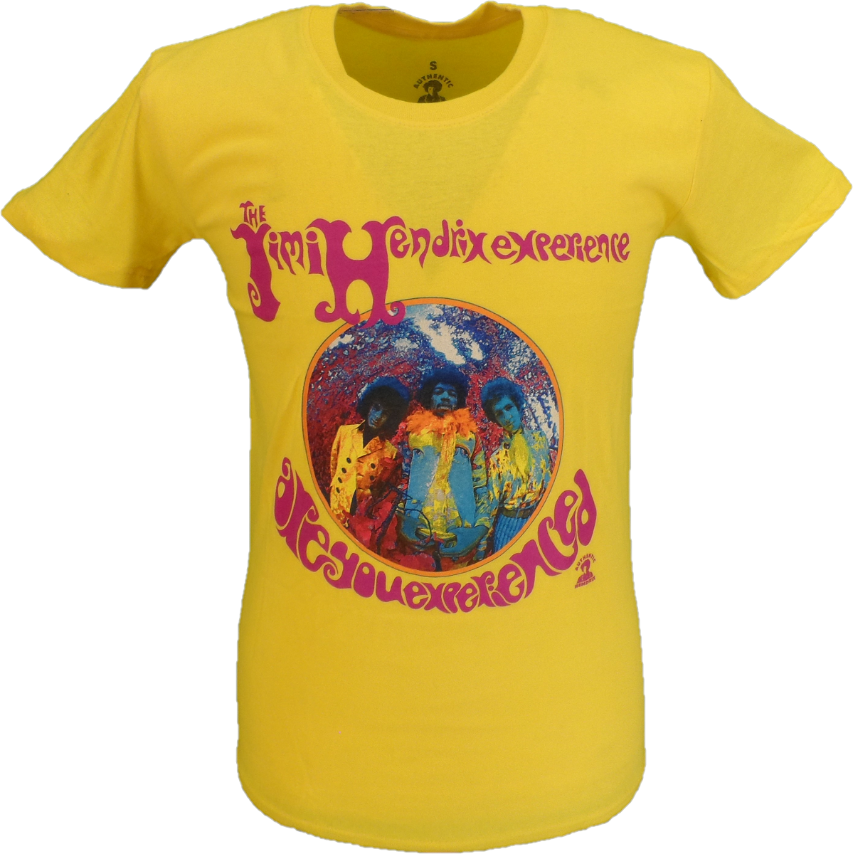 Gelbes offizielles Jimi Hendrix-T-Shirt für Herren mit der Aufschrift „Are You Experienced“.