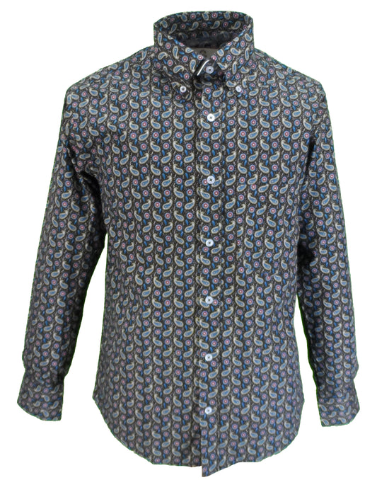 Camisa de diseño vintage Real Hoxton para hombre marrón Paisley Classic Mod