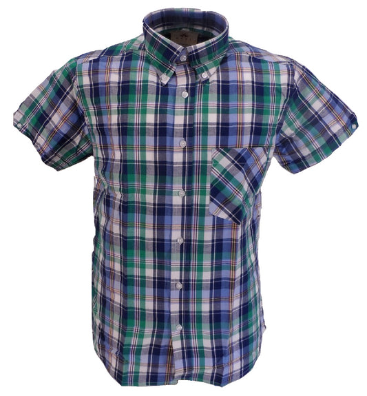 Real Hoxton Blau/Grün karierte kurzärmelige Button-Down-Hemden …