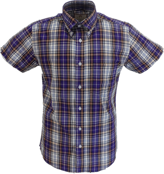 Real Hoxton Herren-Hemden mit violetten Karos, kurzärmelig und Button-Down-Kragen …