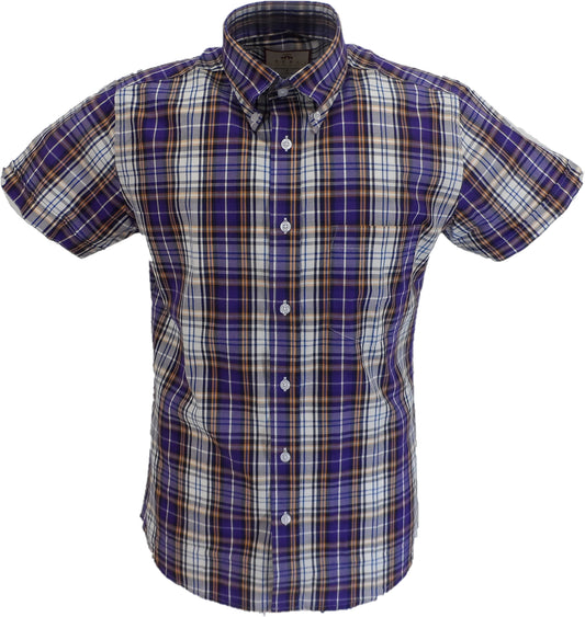 Real Hoxton Camisas moradas de manga corta con botones a cuadros para hombre...