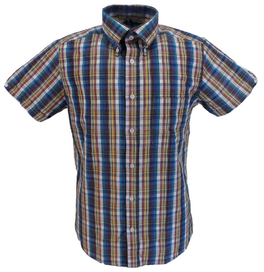 قمصان Ikon Original باللون الأزرق متعددة المربعات وأكمام قصيرة وأزرار سفلية