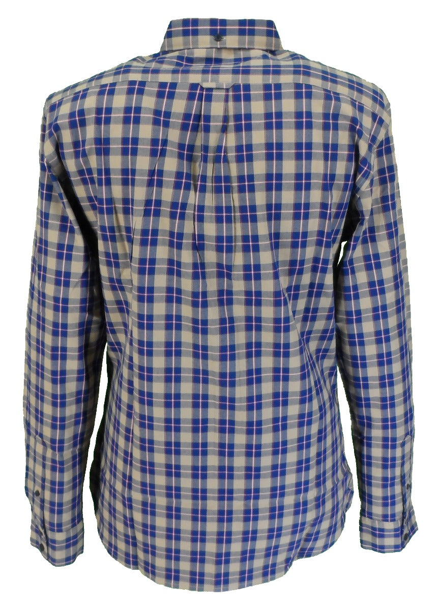 قميص Lambretta ريترو بني/كحلي مربعات بأكمام طويلة وأزرار سفلية
