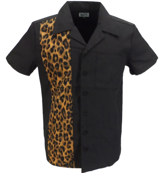Mazeys Mens Rockabilly Retro Black/Leopard Bowling Shirts