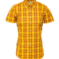 A mustard and burgundy checkered short-sleeved button-down shirt for women.
