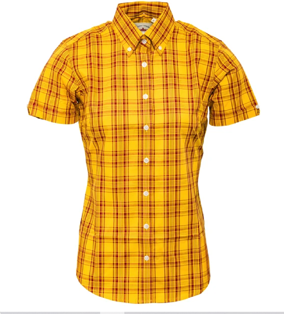 A mustard and burgundy checkered short-sleeved button-down shirt for women.