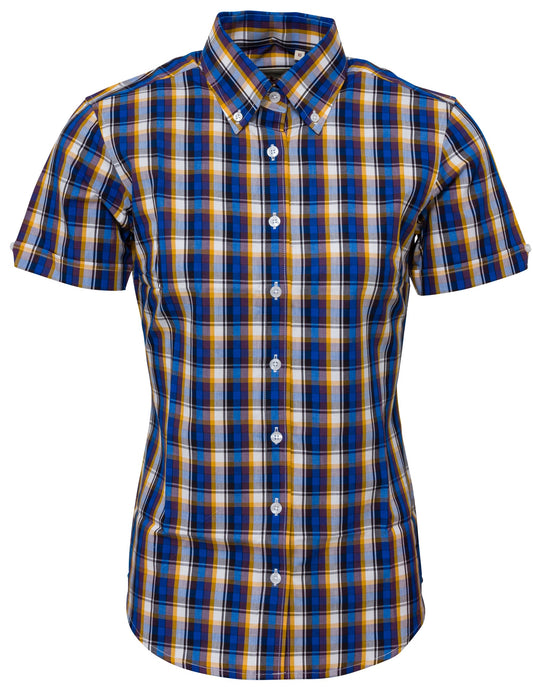 Camisas de manga corta con botones a cuadros azules retro para mujer Relco