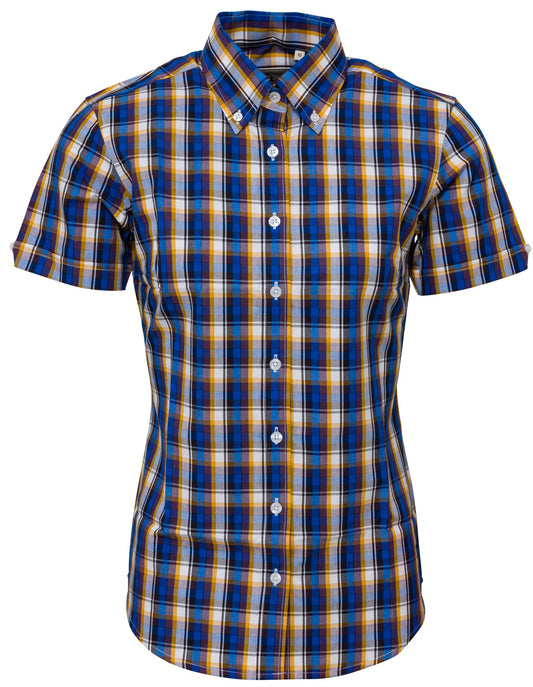 Relco Ladies Retro Blue Check Button Down Short Sleeved Shirts