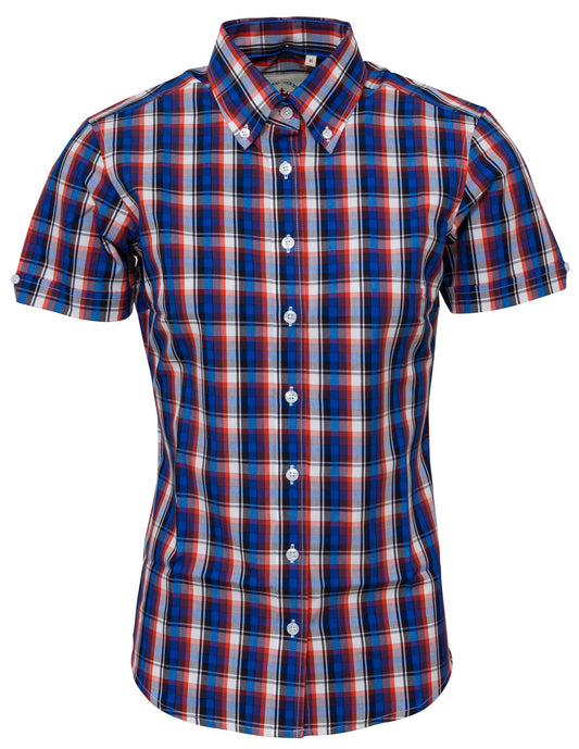 Relco Ladies Retro Blue/Red/White Check Button Down Short Sleeved Shirts