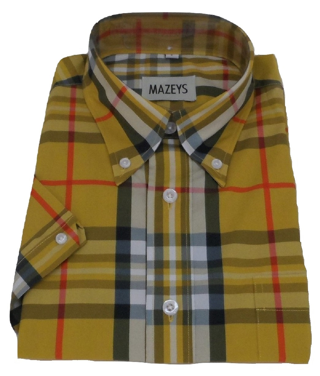 Mazeys Mens Mustard Checked 100% Cotton Short Sleeved Shirts